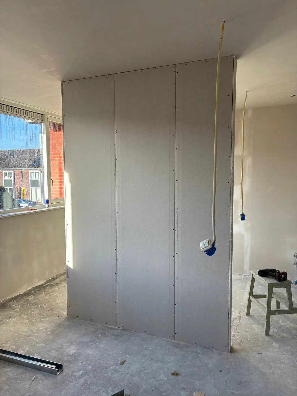 New plasterboard partition wall during installation