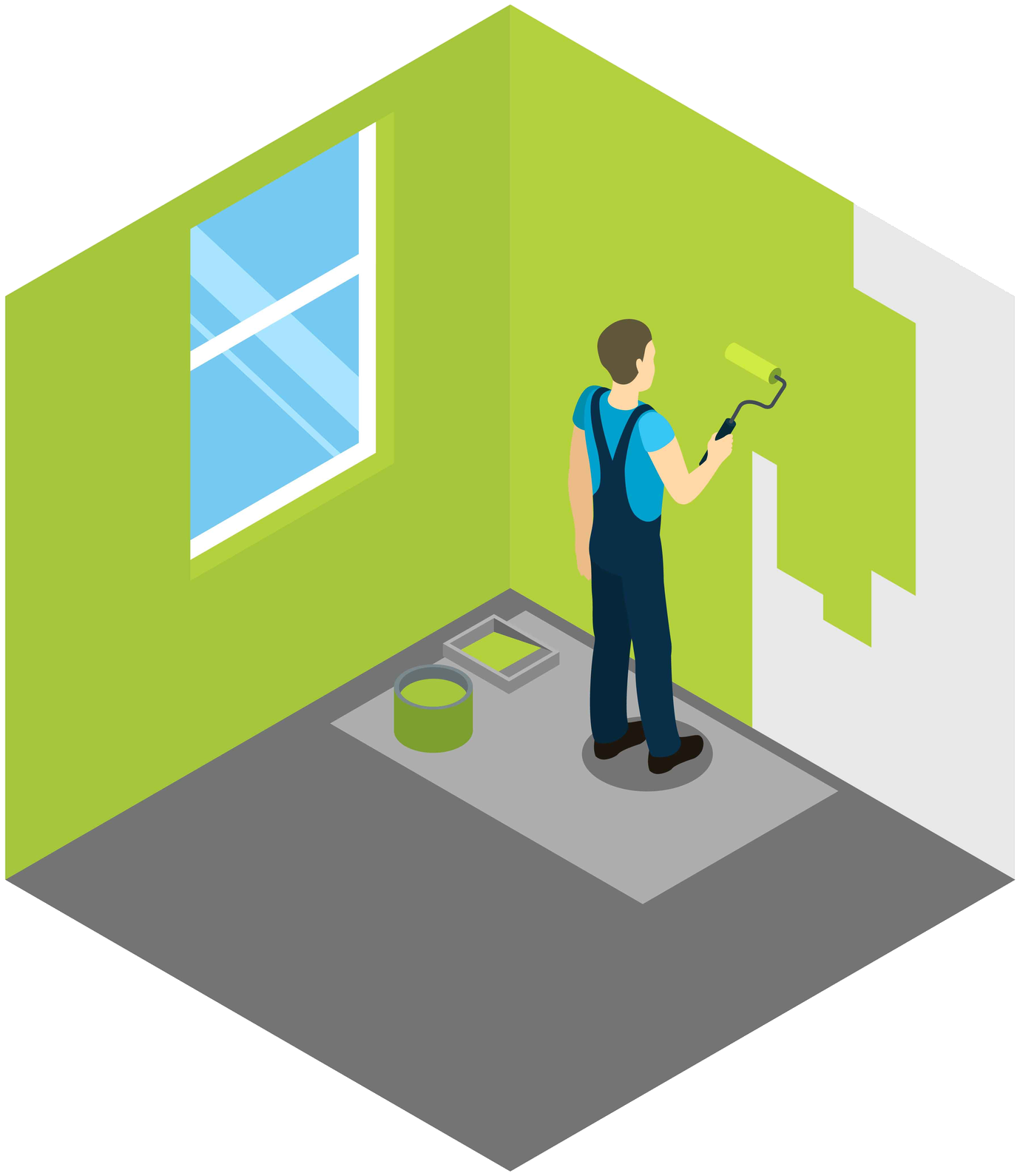 Isometric illustration of a tradesperson painting a drywall wall