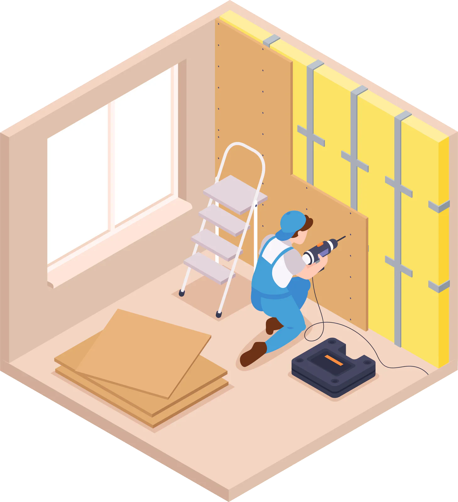 Isometric illustration of a tradesperson installing an insulated drywall wall