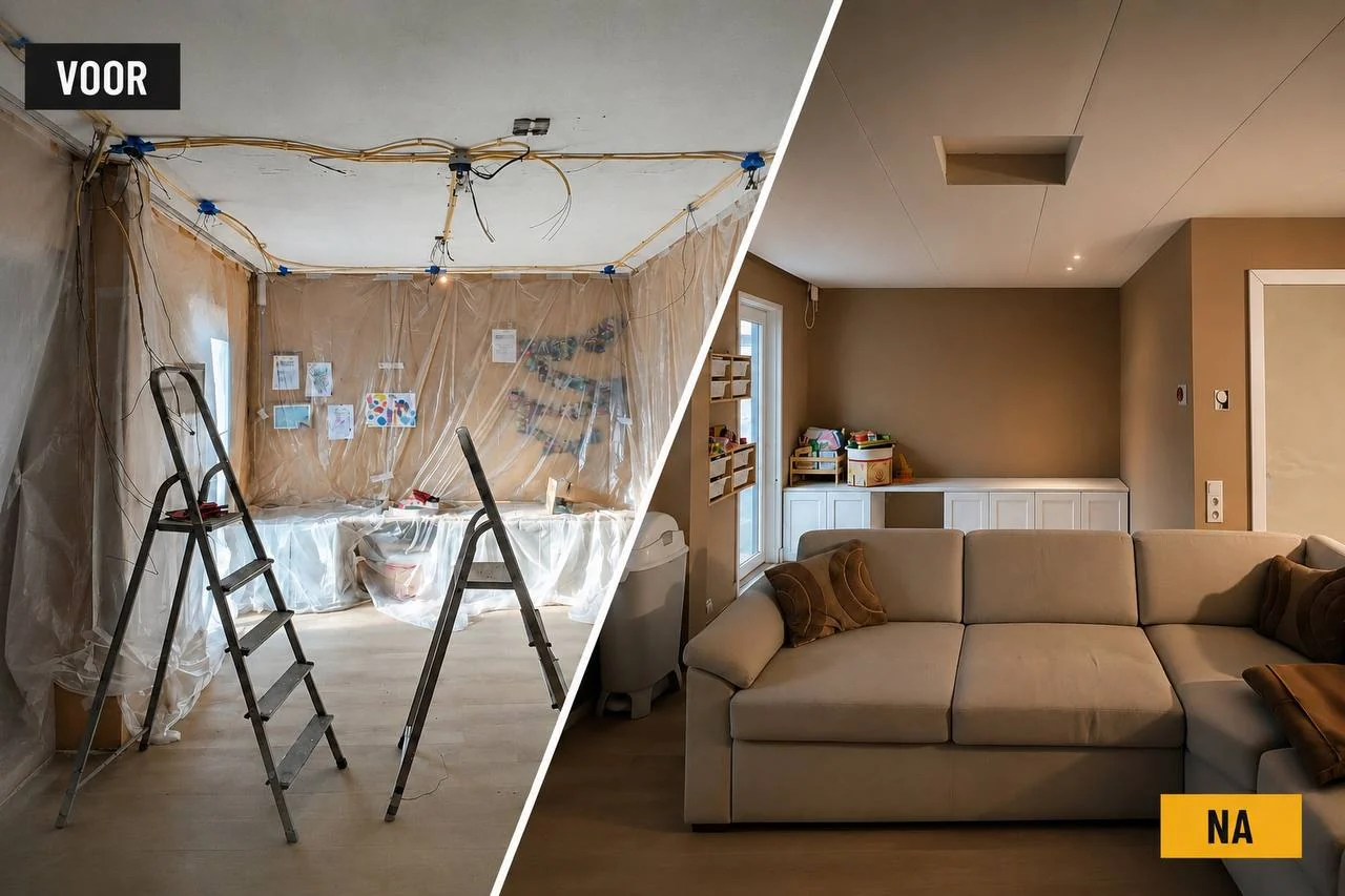 Before-and-after result of a suspended plasterboard ceiling and wall finish in a living room