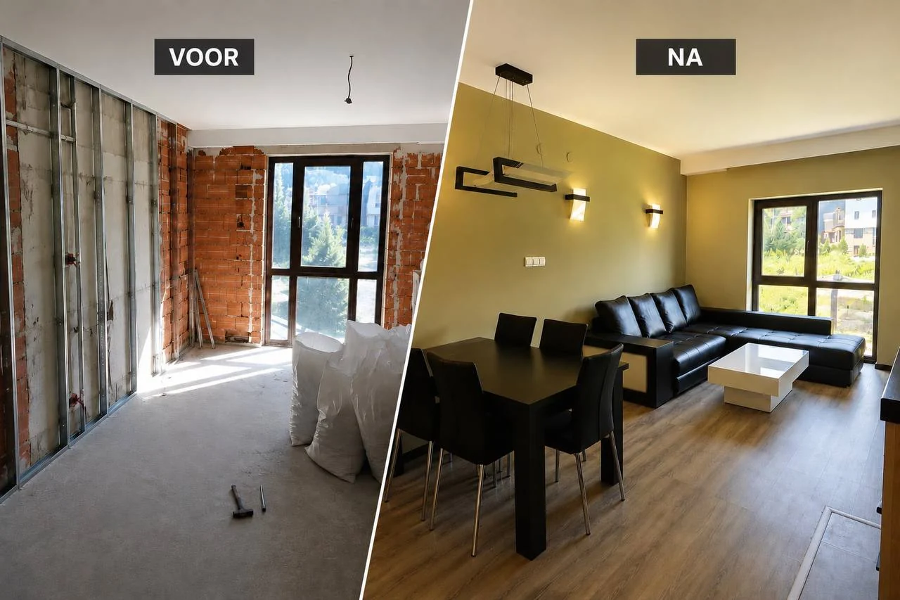 Before-and-after result of plasterboard walls and ceiling in a living room