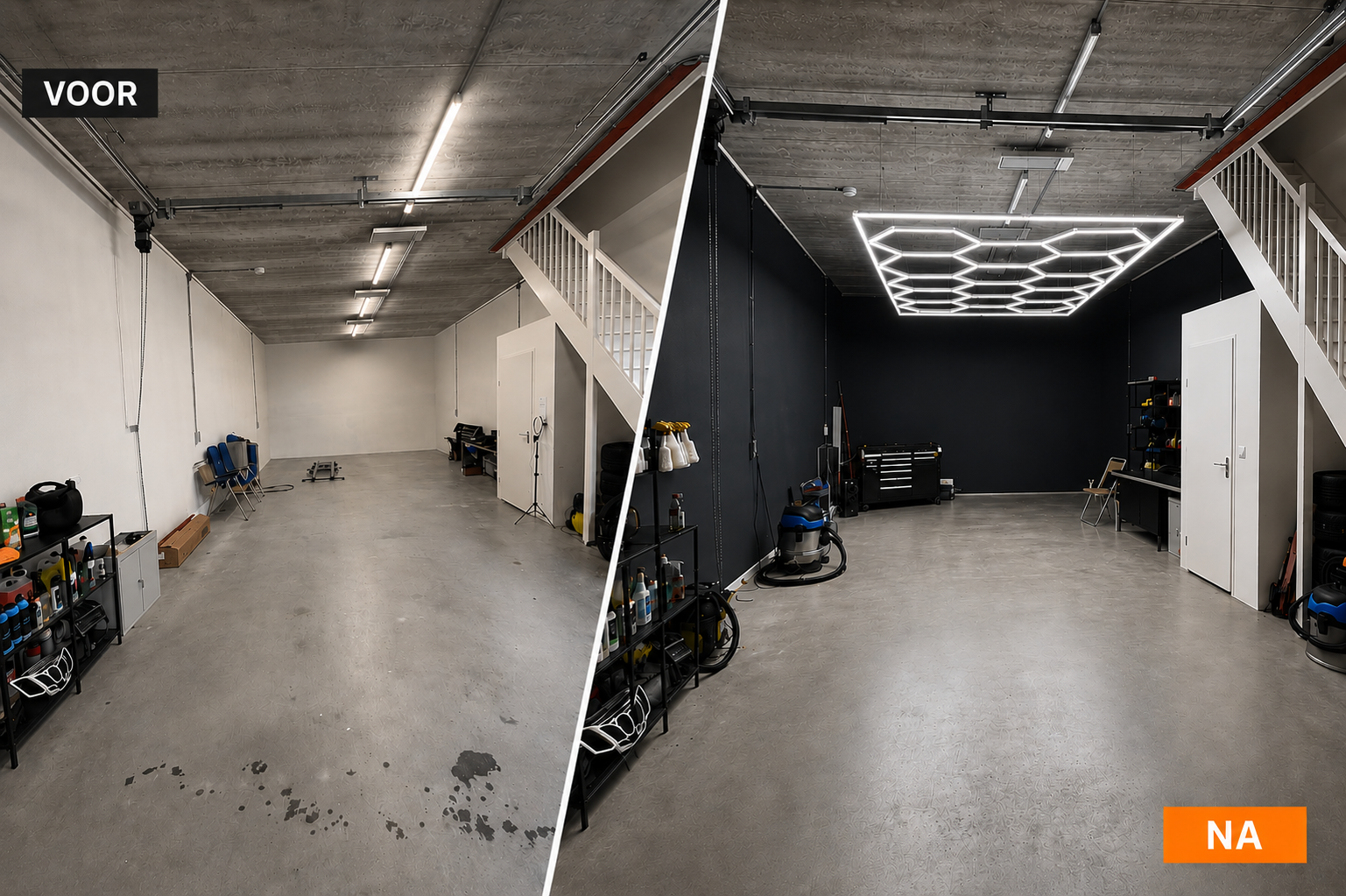 Before-and-after result of finished and painted walls in a commercial workspace